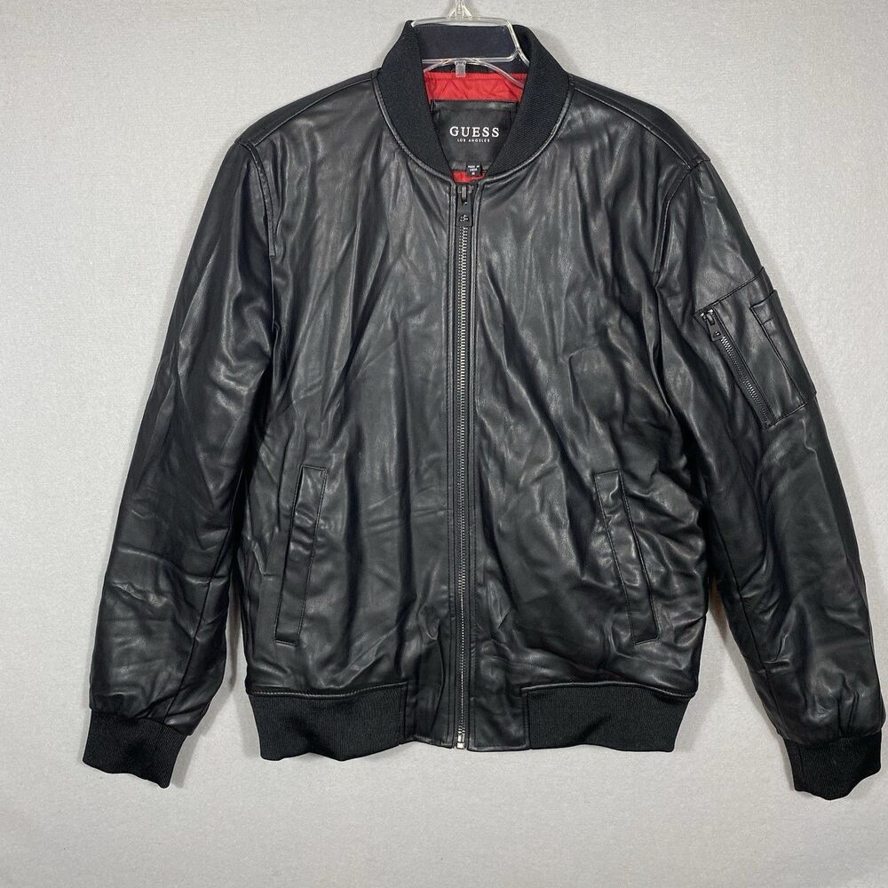 Guess Black Bomber Faux Leather Jacket Mens Medium Red Quilted Lining